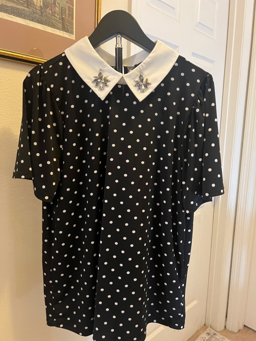 Lipslide Black and White Polka Dot Collared Blouse with Embellished Collar